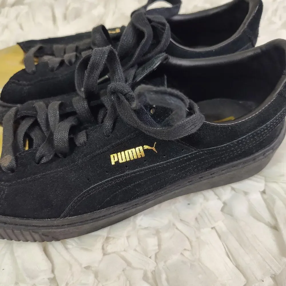 Puma Basket Low Top Shoes Womens Size 8.5 Black Suede Gold Metallic Toe Cap
